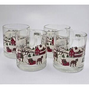 Set of 4 Vintage Libbey Christmas Winter Village Glass Mugs Horse Sleigh USA